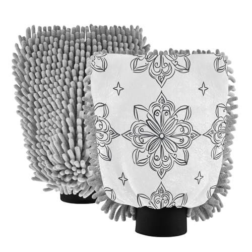Flradish 2 Pack Boho Pattern Car Wash Mitt Chenille Microfiber Lint-Free Scratch Free Ultra-Soft Absorbent Car Wash Mitt 10.2x7.09 Inch