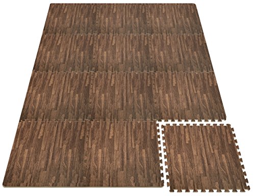 Sorbus Wood Floor Mats Foam Interlocking Wood Mats Each Tile 4 Square Feet 3/8-Inch Thick Puzzle Wood Tiles With Borders – For Home Office Basement (12 Tiles 48 Sq Ft, Wood Grain - Dark) #TOP4