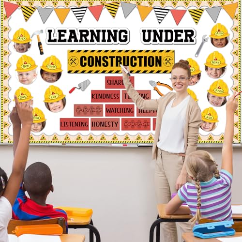 Image of gisgfim Construction Bulletin Board Decorations Learning Under Construction Paper Cutouts DIY Photo Helmet Motivational Bulletin Board Set for Back to School Teacher Classroom Wall Decor Supplies