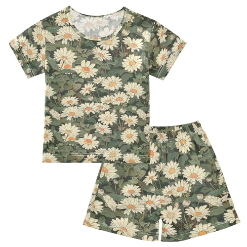 ALAZA Daisy Flowers Green Leaves Pajama Set Short Sleeve Sleepwear Soft Lounge Nightwear