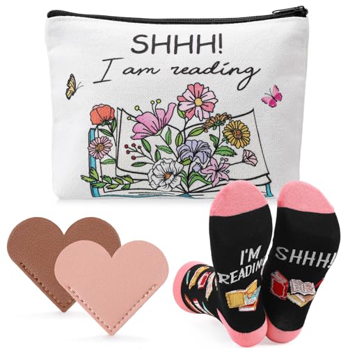ViEinkaufen Ensemble cadeau pour amoureux des livres, je lis trousse à maquillage et marque-pages en forme de chaussette, cadeau pour bibliothécaires,...