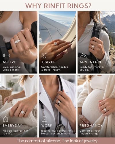 Rinfit Silicone Ring with Stone, Emerald Cut CZ - Wht/Sil, Size 7 | 5A Cubic Zirconia Solitaire Engagement Ring for Her, Patented Rubber Wedding Band for Women, Travel Work Gym, Bridal Promise - image 9