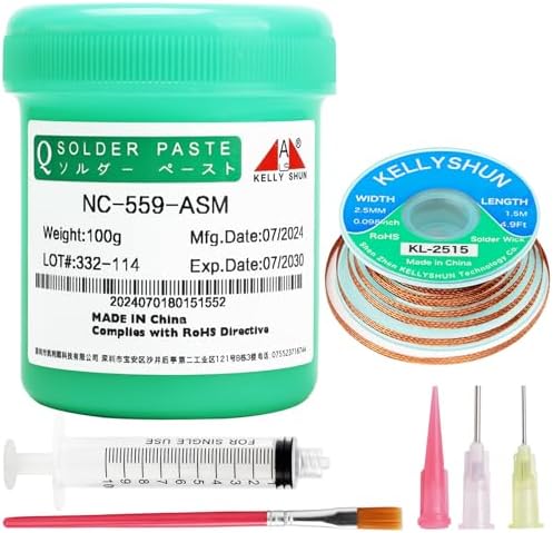 KELLYSHUN NC-559 Flussmittel Löten,100g No-Clean Bleifreies Kolophonium Flussmittel(1 Stück)2MM/1.5M Entlötlitze(1 Stück) Geeignet Für SMD,BGA,PCB,Haushaltsgerätereparaturen