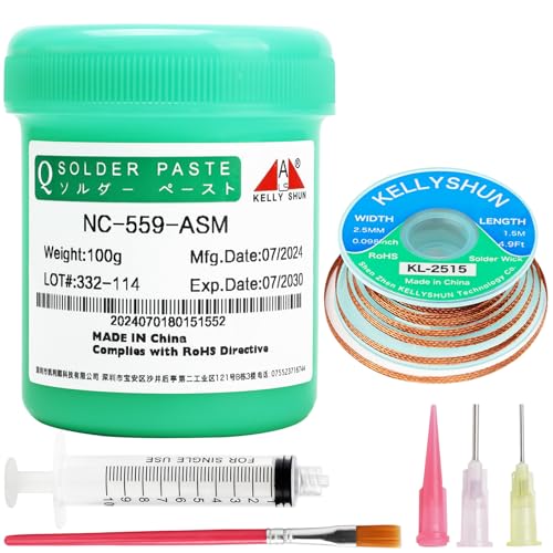 KELLYSHUN NC-559 Flussmittel Löten,100g No-Clean Bleifreies Kolophonium Flussmittel(1 Stück)2.5MM/1.5M Entlötlitze(1 Stück) Geeignet Für SMD,BGA,PCB,Haushaltsgerätereparaturen
