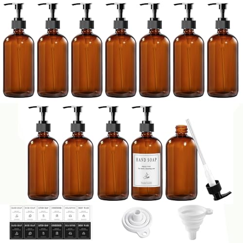 12 Pack Amber Glass Bottles 8oz with Pump Dispensers Refillable Empty Pump Bottles for Bathroom Kitchen Shampoo Soap Lotion Includes 2 Funnels & 12 Labels