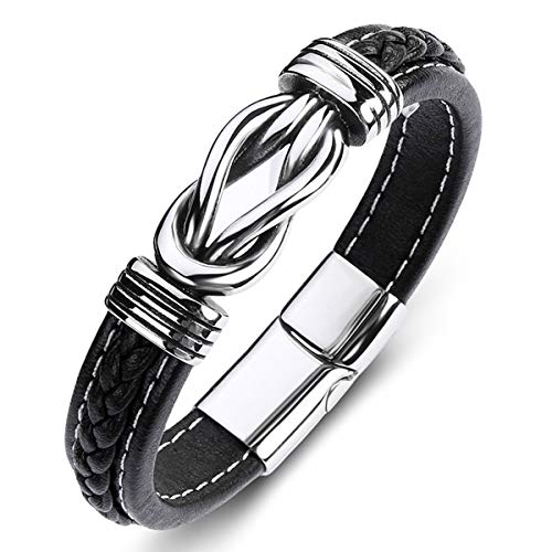 Mens Genuine Black Leather Bracelet Cuff Durable 316L Stainless Steel Magnetic Clasp Personality Bracelets for Husband Boyfriend Dad Gifts