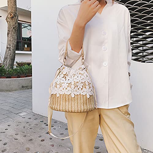 Rcheommo Women Cross Body Bohemian Straw Bag Straw Drawstring Bucket Straw Bag Flower Lace Decor Handwoven Rattan Ba2