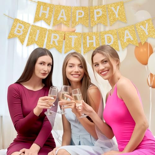 Image of Gold Happy Birthday Banner - 16 ft Pre-Strung Gold Birthday Party Decorations Sign for Girls, Boys, Kids, Women - No DIY Hanging Backdrop for Indoor & Outdoor Celebrations