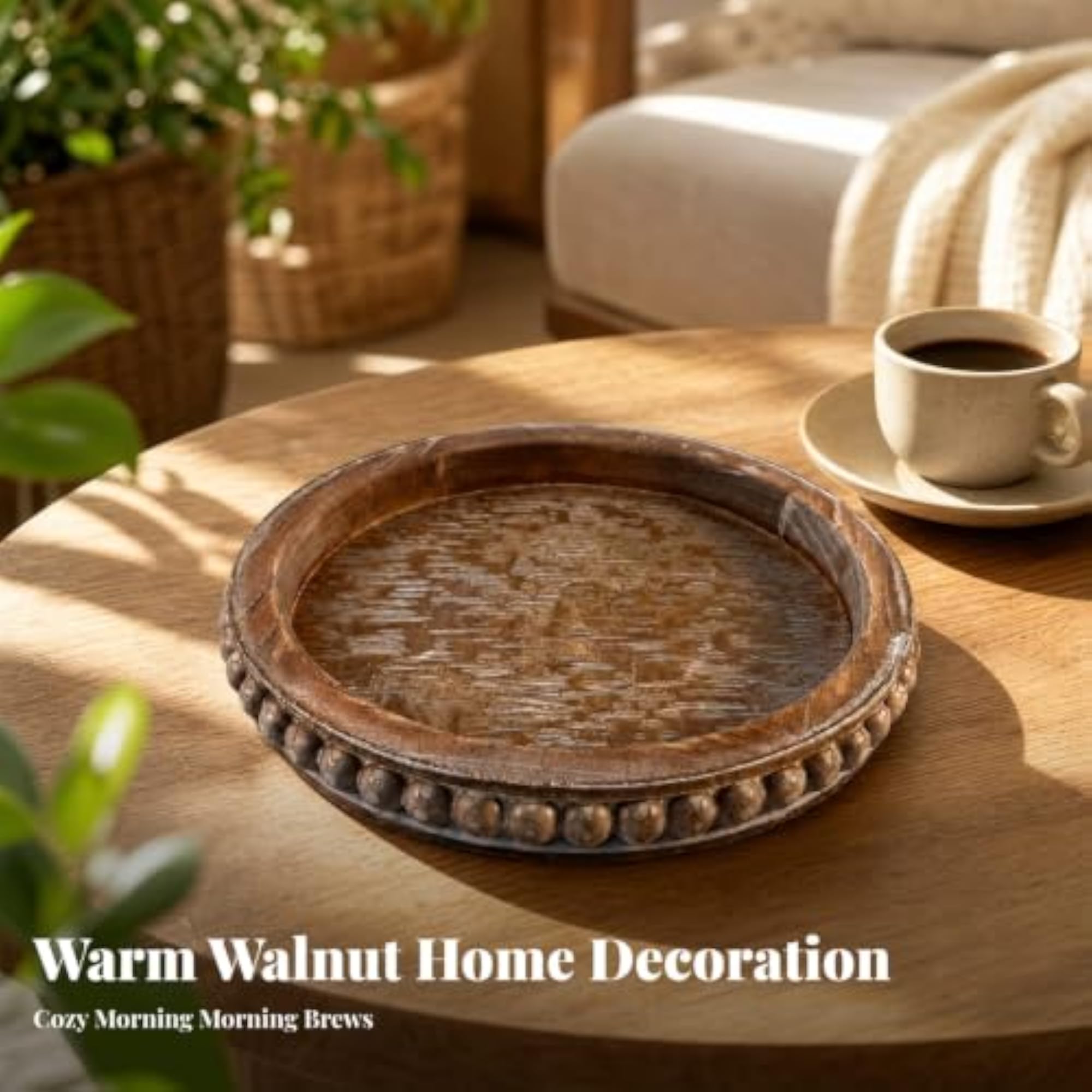 Versatile Round Wooden Decorative Tray, Rustic Design
