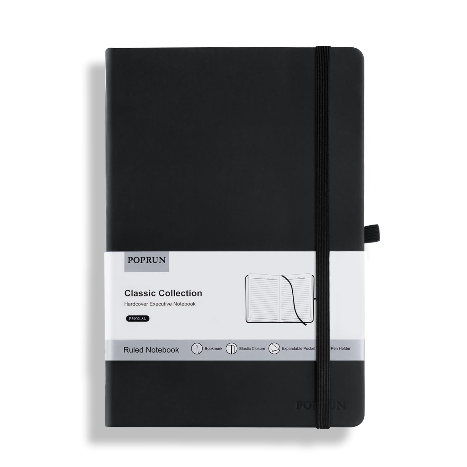 POPRUN A5 Lined Journal Notebook, PU Leather Hardback Notepad for Writing, Business Work, Travel, Office, School, 14 x 21cm, 240 Pages Classic College Ruled Journals Notes Pad, Black