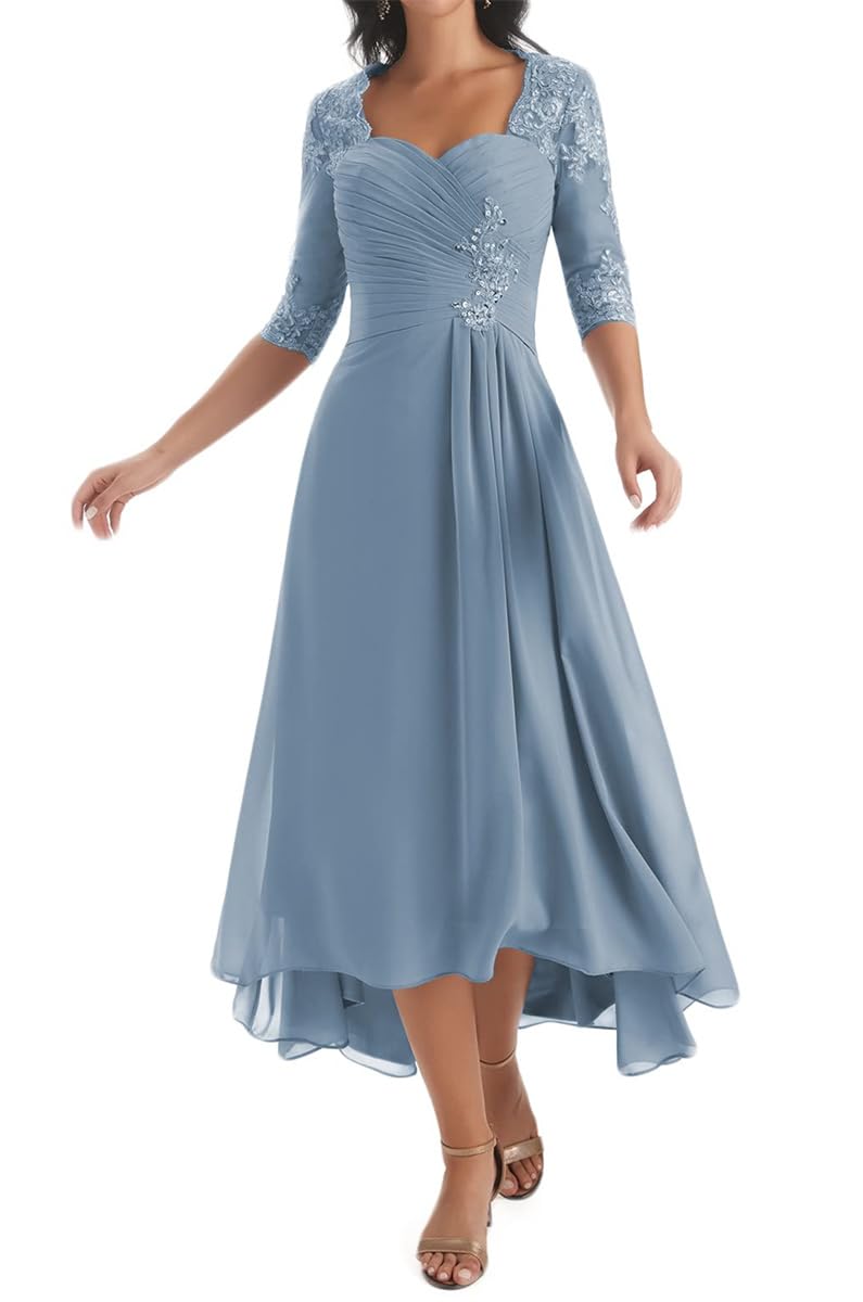Kiyne Women's Dusty Blue Half Sleeve Chiffon Mother Of The Bride Dresses For Wedding Party V Neck Pleated Formal Evening Dress Uk10