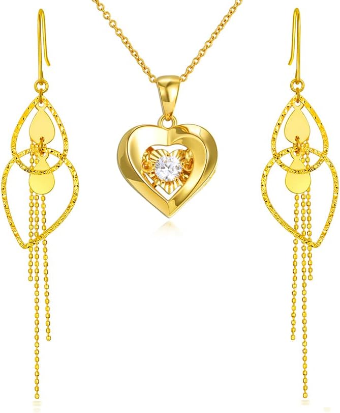 SISGEM 18k Gold Cubic Zirconia Heart Necklace and Interlock Oval Circle Earrings Set, Fine 18kt Jewelry for Women