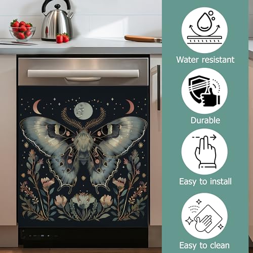 Image of Gothic Moth Dishwasher Covers for The Front Magnetic,Vintage Flowers Moon Refrigerator Magnets Decoration,Reusable Dishwasher Cover Panel for Home Kitchen Decor 23x26 Inch