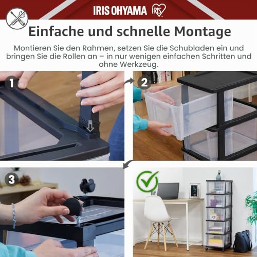 Iris Ohyama, Rollcontainer Kunststoff auf Rollen, 5 Grosse Schubladen, Schwarz, Leichtes Öffnen, Aufbewahrung, für Schreibtisch, Garage… – Ansicht 4
