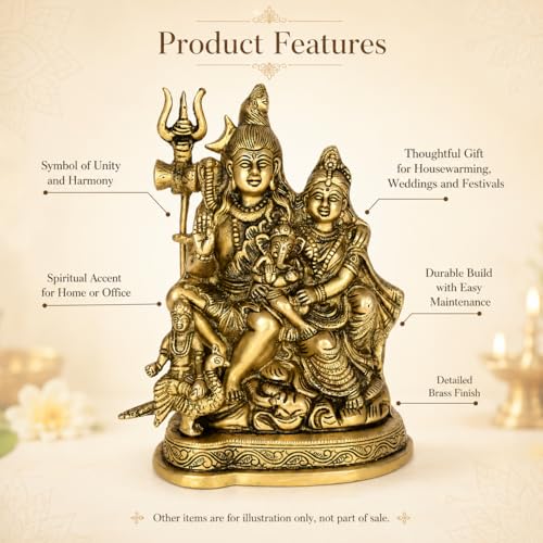 Image of Kartique Brass Shiv Parivar Idol | Antique Finish Shiv Parvati Murti for Home, Pooja Room, and Decoration | Statue Height 7.75 Inch