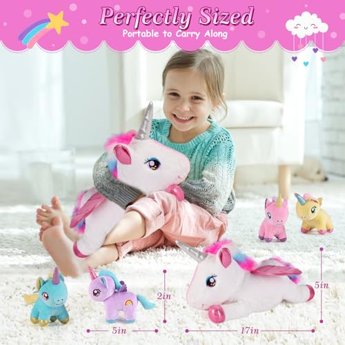 Image of 5 Pieces Unicorn Stuffed Animals - 1 Mommy Stuffed Unicorn with 4 Babies - Unicorns Gifts for Girls Ages 3 4 5 6 7 8, Unicorns Plush Toys for Christmas, Valentine's, Birthday Gifts (Pink)