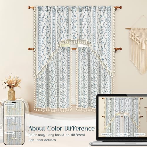 Image of Yinhua Boho Swag Valance Curtains Vintage Linen Valances for Windows Light Filtering Floral Kitchen Valance Rod Pocket Rustic Tassel Window Valances for Bathroom Cafe, 60 inch W x 36 inch L, White Blue