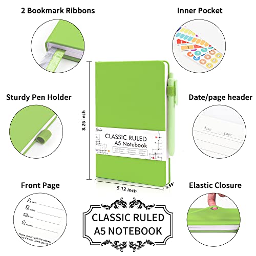 feela 3 Pack Notebooks Journals Bulk, Hardcover Notebook Classic Ruled Lined Journals with Pen Holder for Women Girls School Business Supplies, with 3 Black Pens, 120 GSM, 5.1”x8.3”, A5, Green by feela - Used condition - Image 2