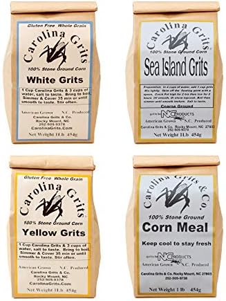 Carolina Grits Company Traditionally Stone Ground Gluten Free Sample Pack, Yellow Grits, White Grits, Sea Island Grits, and Cornmeal, 4-Pack, 4 Pounds Total