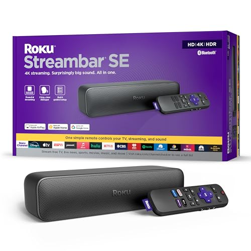 Roku Streambar SE | 2-in-1 TV Soundbar with Built-in 4K/HD/HDR Streaming, Premium Speakers, & Enhanced Speech Clarity for Crisp, Clear Dialogue - Quick Guided Simple Setup