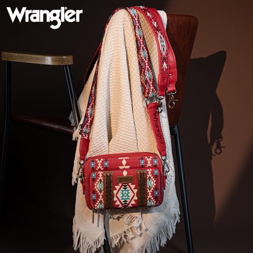 Wrangler Crossbody Bag for Women Boho Aztec Small Western Shoulder Bag with Wide Guitar Strap Gift Red WG2207-3005RD3