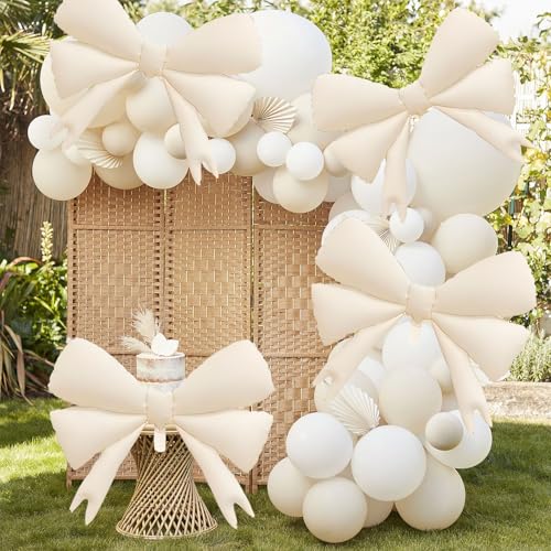 Image of 4 Pcs Large Bow Balloons, Light Apricot Bow Balloon Coquette Balloons for Light Apricot Bow Party Decorations Coquette Birthday Decorations