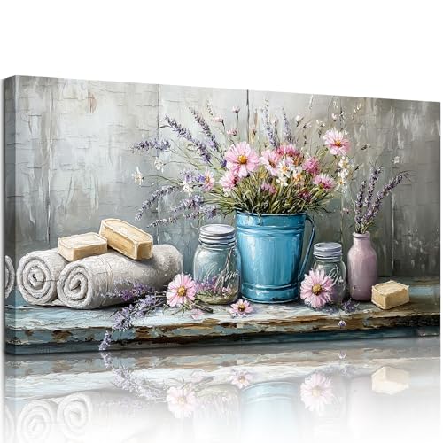 SERIMINO Still Life Flower Wall Art, Vintage Bathroom Large Wall Decor, Rustic Aesthetic Kitchen Pictures, Cottagecore Decorations for Bedroom Dining Room Laundry Room Canvas Art Prints 20"X40"