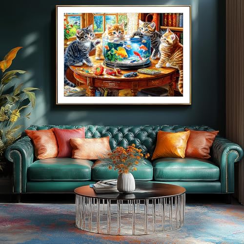 Image of 500 Piece Jigsaw Puzzles for Adults - Kittens & Goldfish Library Scene Puzzle,Cute Cats Puzzle with Letters on Back Perfect Game Night Gift for Family Seniors(23x15 Inch)