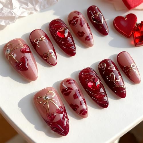 24Pcs Valentine Press on Nails Medium Almond Fake Nails with 3d H...