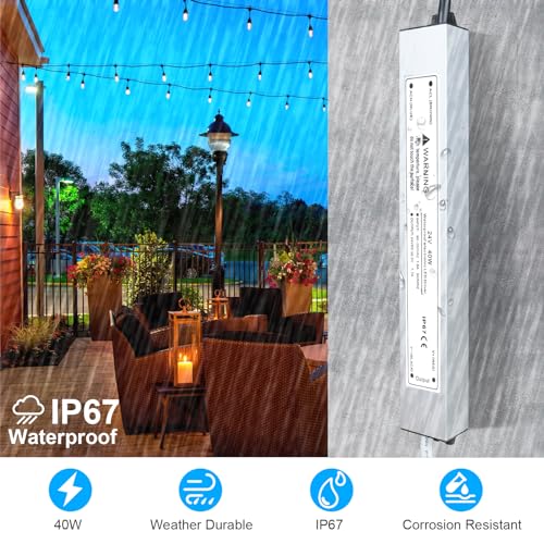 Image of LightingWill LED Driver 40 Watts Waterproof IP67 Power Supply Transformer, 90-260V AC to 24V DC Low Voltage Output, Adapter with 3-Prong Plug 3.3 Feet Cable for Outdoor Use, Computer Project
