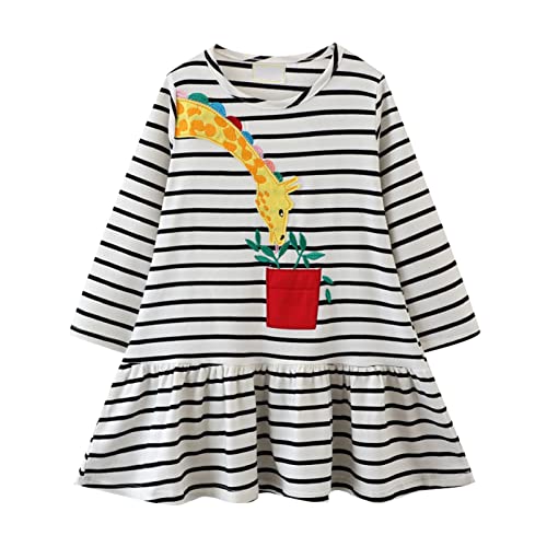Girls and Toddler's Long Sleeve Dress Black Stripes and Giraffe Cartoon Appliques A Line Flared Skater Girls