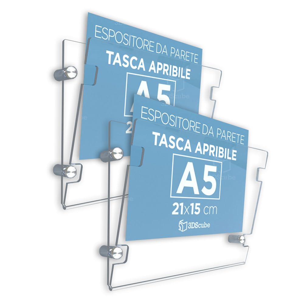 2 expositores de metacrilato de pared con bolsillo abatible, porta avisos y folletos formato A5 horizontal 21 x 15 cm, con espaciadores de aluminio cepillado, para anuncios, carteles, horarios de