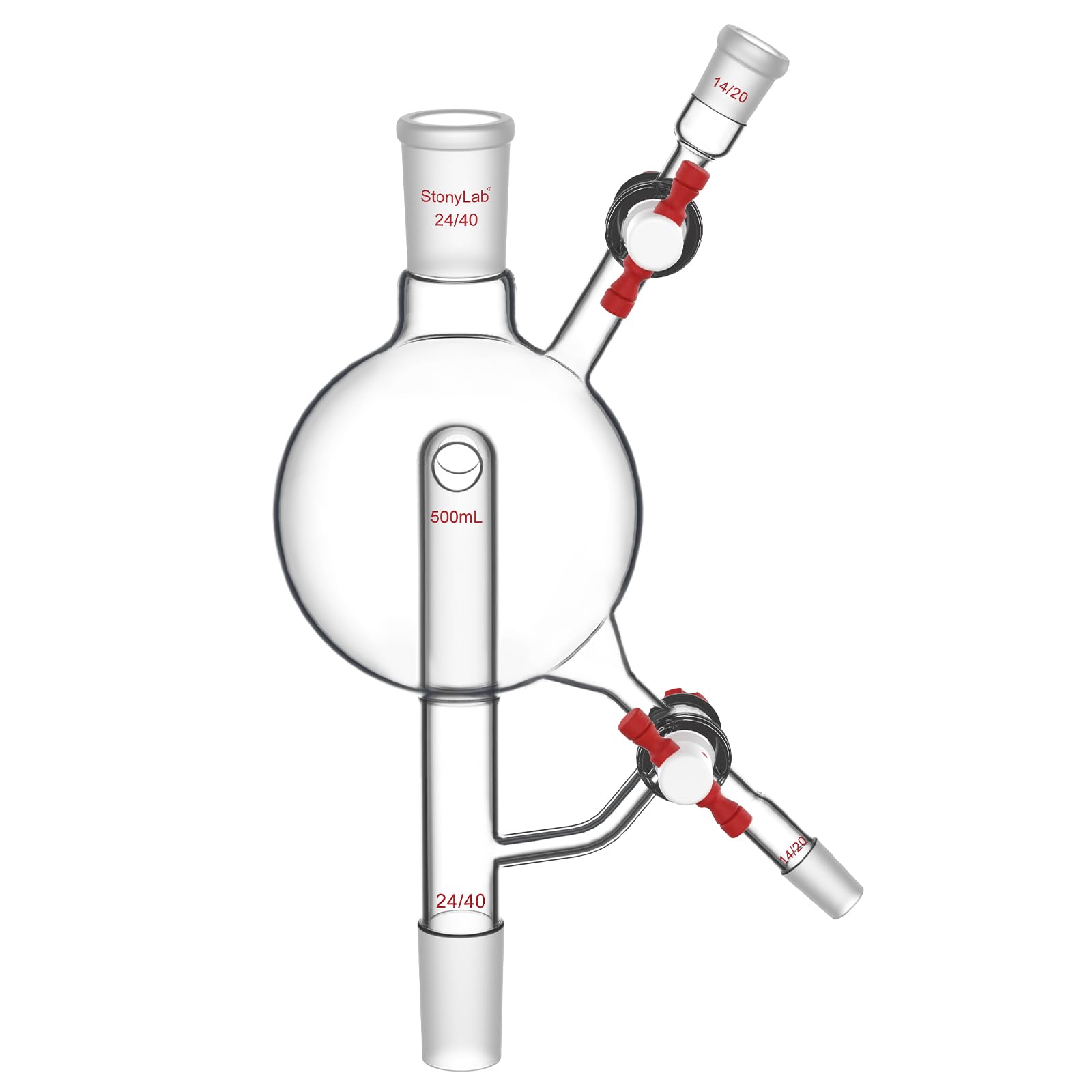 stonylab Cabezal Destilación 500 ml Vidrio Borosilicato PTFE, Unión Sup/Inf 24/40, 2 Laterales 14/20, para Secado, Reflujo y Recolección Laboratorio