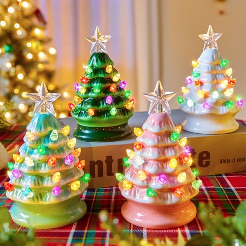 5 Inch Mini Ceramic Christmas Tree Set - 4 Pack Pre-lit Tabletop Christmas Tree with Multicolored...