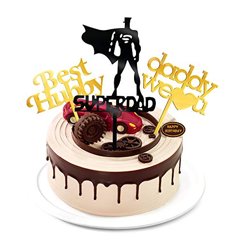 Super Dad Happy Birthday Cake Topper - No DIY Needed - Best Dad Birthday Decorations for Men Husband & Father's Day Cake Toppers - Pack of 5 PCS - Ready to Use Out of the Box