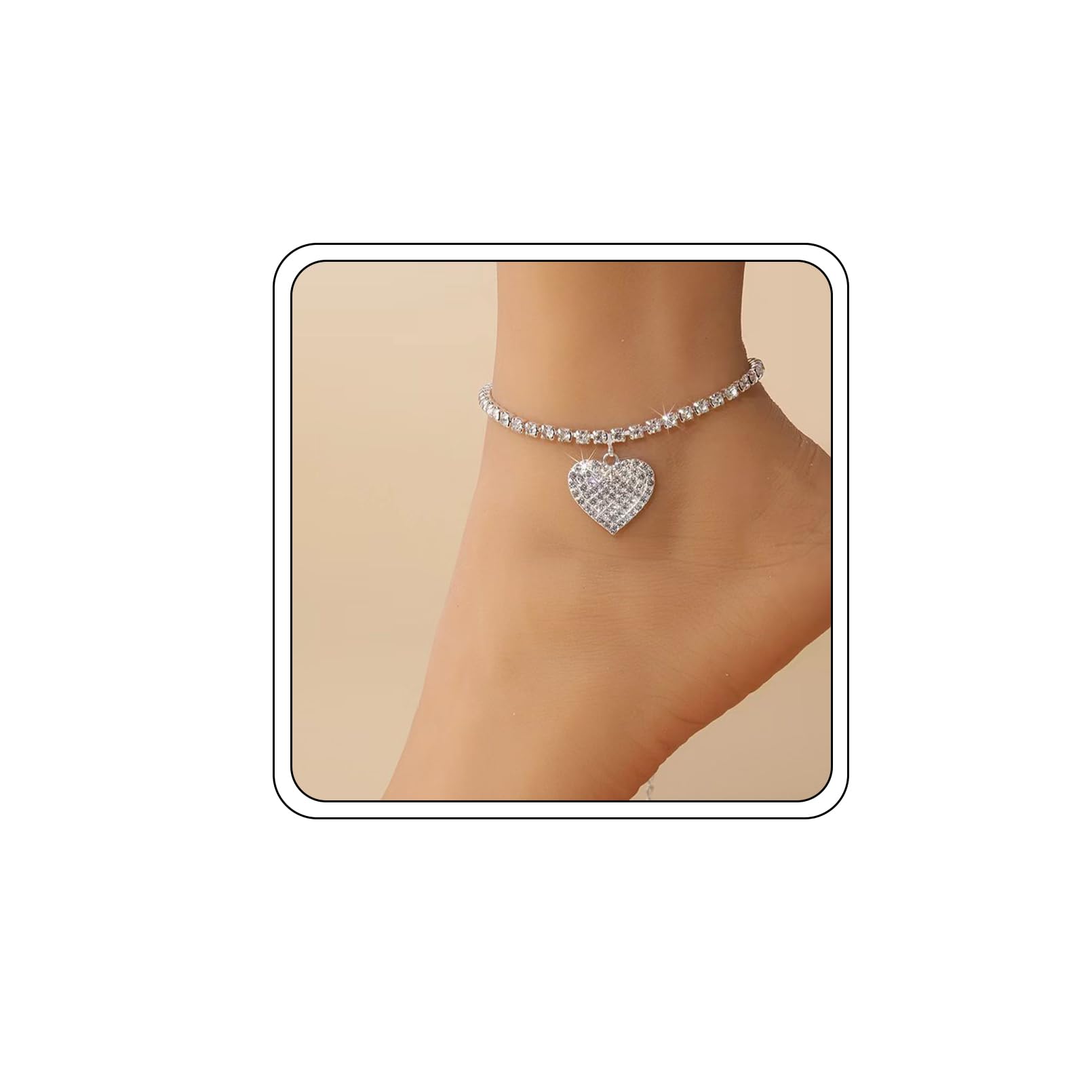 DIOUWS Ankle Bracelets for Women, Heart Rhinestone Pendant Adjustable Shiny Tennis Twinkle Cubic Zircon Ankle Bracelets Beach Party Teen Girls Jewelry Gifts (DS-23110408-Heart)