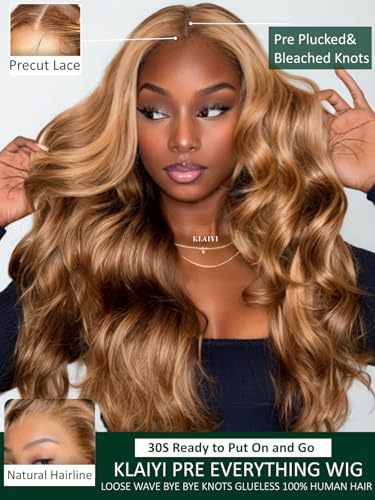 Image of KLAIYI Wear And Go Glueless Wig Bye Bye Knots 13x4 Precut Lace Front Wigs Human Hair Ombre Highlight Blonde Body Wave Wig Pre Bleached Pre Everything Pre Plucked with Baby Hair 3S Ready to Wear 18Inch