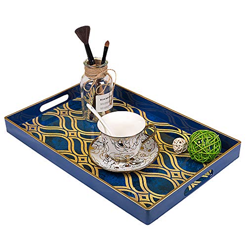 Maoname Blue Decorative Tray With Handles, Plastic Serving Tray For Coffee Table, Marbling Rectangular Tray For Ottoman, Bathroom, Storage, 15.7" Lx 10.2" W X 1.57" H #TOP4