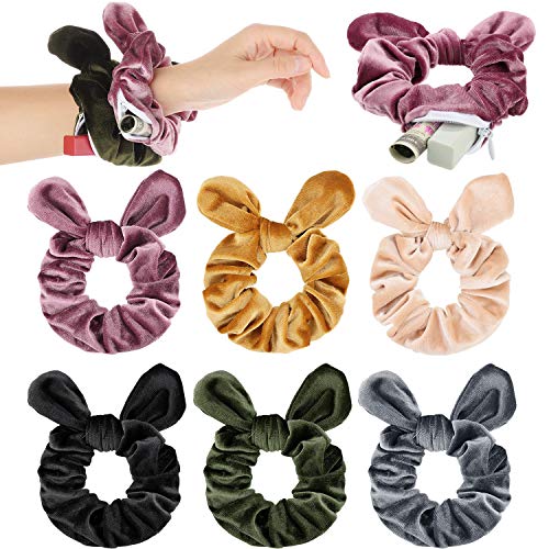6 Pieces Velvet Bow Scrunchies with Zipper Pocket Storage Hair Ties Hair Scrunchies Holder Elastic Bands with Zipper Pocket for Friends Women