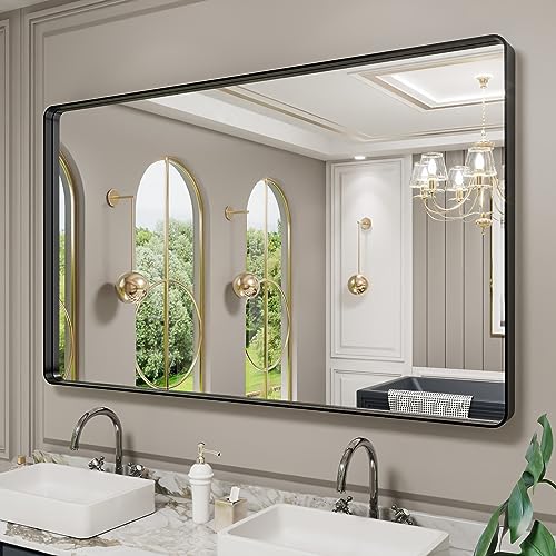 LOAAO Black Metal Framed Bathroom Mirror for Wall, Large 60X36 Inch Rounded Rectangle Mirror, Matte Black Bathroom Vanity Mirror Farmhouse, Anti-Rust, Tempered Glass, Hangs Horizontally or Vertically