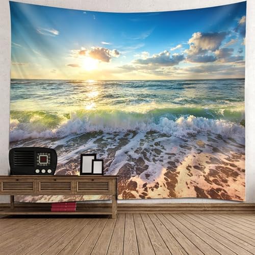 Decoración de pared grande para comedor, diseño retro de playa, azul, verde, marrón, microfibra, 260 x 240 cm (ancho x alto)