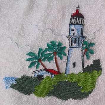 Bath Towel Set with Embroidered Diamond Head Lighthouse