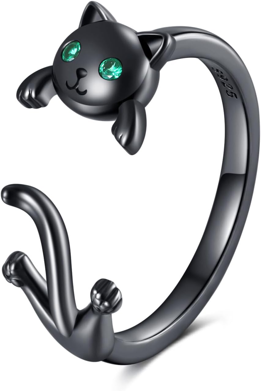 VONALA 925 Sterling Silver Gold Plated/Black Cat Ring for Women Men Open Ring suit 6-8#