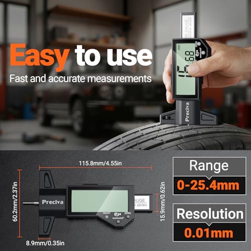 Image of Preciva Tire Tread Depth Gauge & Brake Lining Gauge Set, Digital Tire Depth Gauge with Large LCD Display and in, MM, F Conversion, for Tread Depth, Brake Shoe and Pad Wear