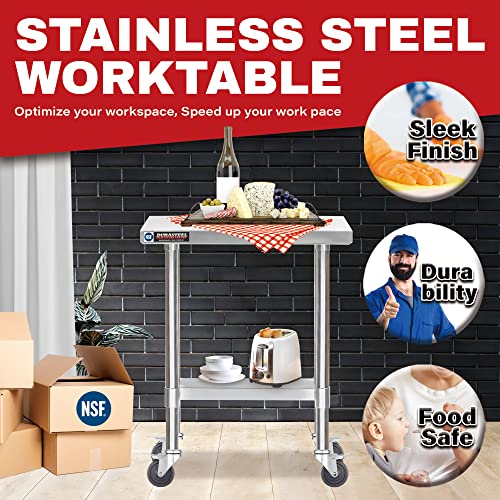 Image of DuraSteel 30x12 NSF Stainless Steel Cart - Heavy Duty Rolling Food Prep Table with Undershelf - Metal Utility Cart for Commercial Restaurant Kitchen, Laundry, Side Mixer Stand