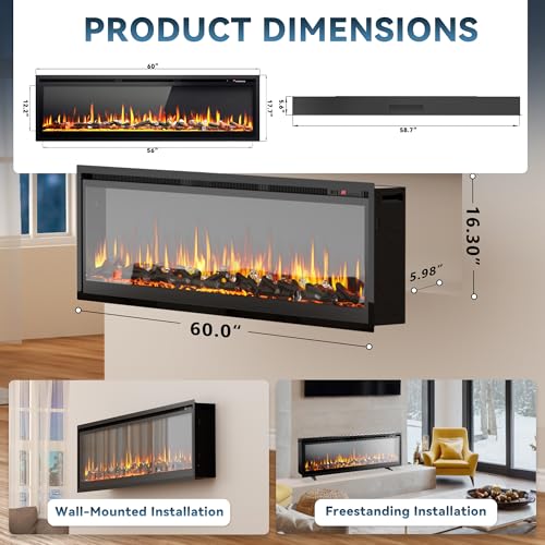 Image of EUHOMY 60 Inch Electric Fireplace Recessed Wall Mounted Freestanding with Remote Control, Ultra-thin Fireplace Heater with Adjustable Flame Color, Linear Fireplace with Timer, Log & Crystal, 750 /1500W