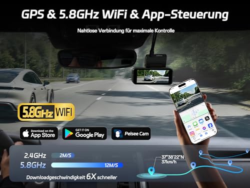 Pelsee 4K Dashcam Auto Vorne Hinten mit STARVIS 2 Sensor, 3.39'' IPS Display dashcam Auto mit 24H Parküberwachung, 5.8GHz WiFi, HDR WDR, ADAS, GPS, Vollfarben-Nachtsicht mit WiFi, 64GB SD Karte – Bild 6