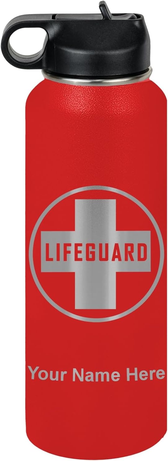 LaserGram Personalized Water Bottle, Lifeguard, Stainless Steel Double Wall Vacuum Insulated with Flip Top Straw, Custom Engraved Gift (40oz / 1180ml Red)