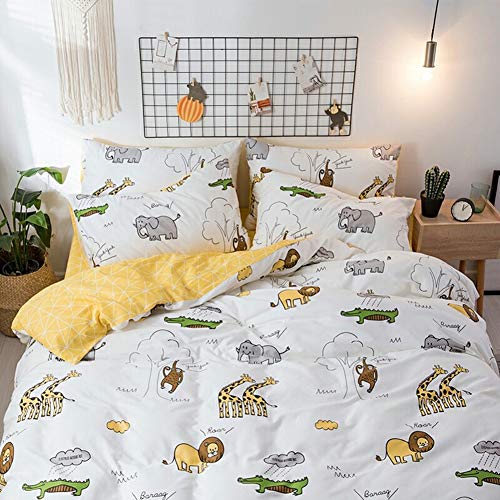 Blueblue Safari Kids Duvet Cover Set 100% Cotton Bedding For Boys Girls Teens Cartoon Lion Elephant Giraffe Monkey Crocodile Print On Cream White, 1 Full Comforter Cover 2 Pillow Shams (Queen, Zoo) #TOP1