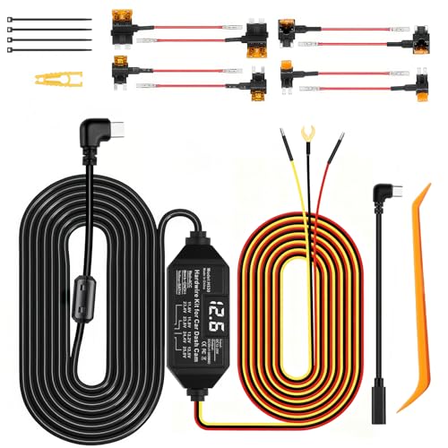 Dash Cam Hardwire Kit USB C, 12V-24V to 5V/3A Adapter Power Cable with Voltage Display, 24/7 Parking Mode, Acc Detection, 4-Level Low Voltage Protection (11.6V/11.9V/12.2V/12.5V)